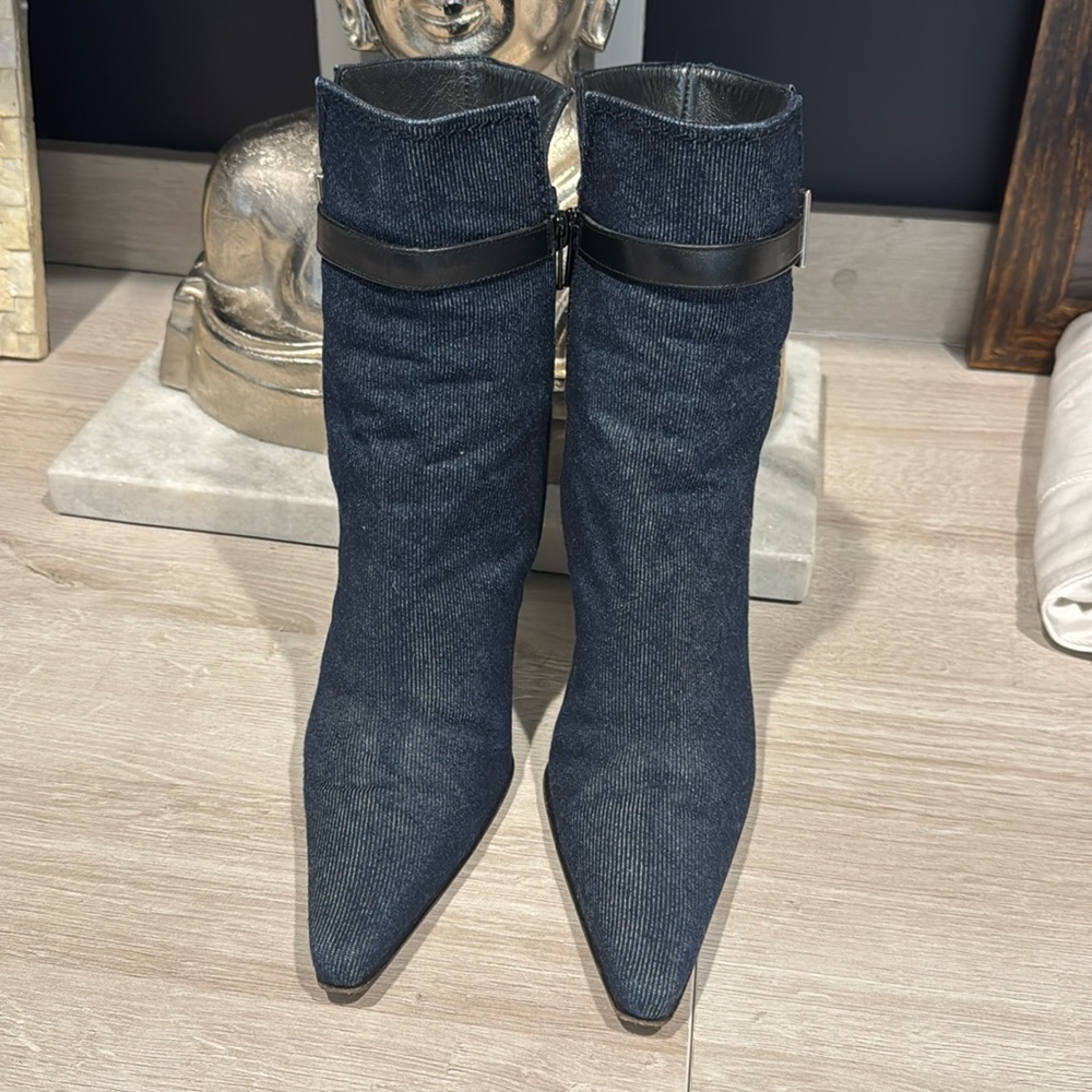Stuart Weitzman Dark Blue Denim Pointed Toe Ankle Boots with Black Strap